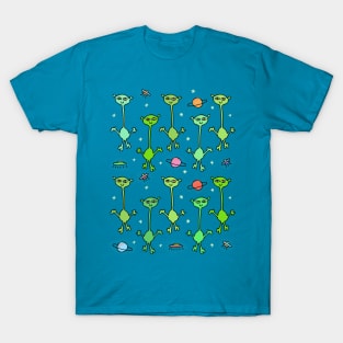 Colorful Aliens in Space Pattern T-Shirt